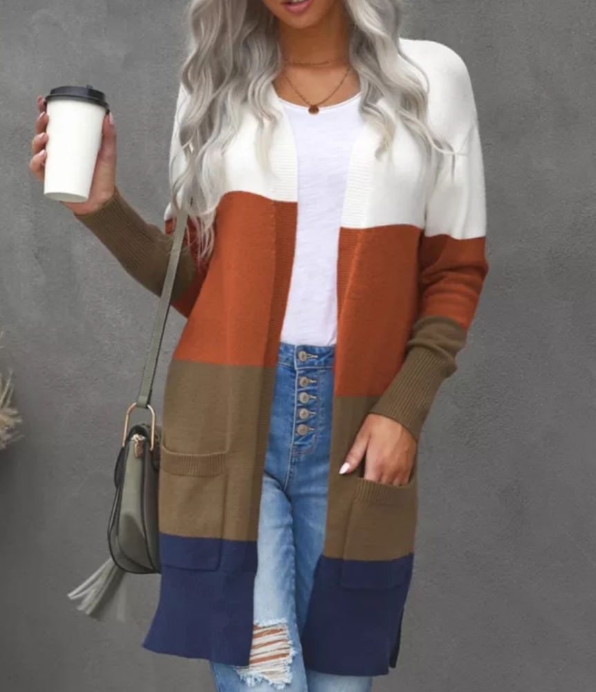Colorblock Longline Cardigan with Pocket